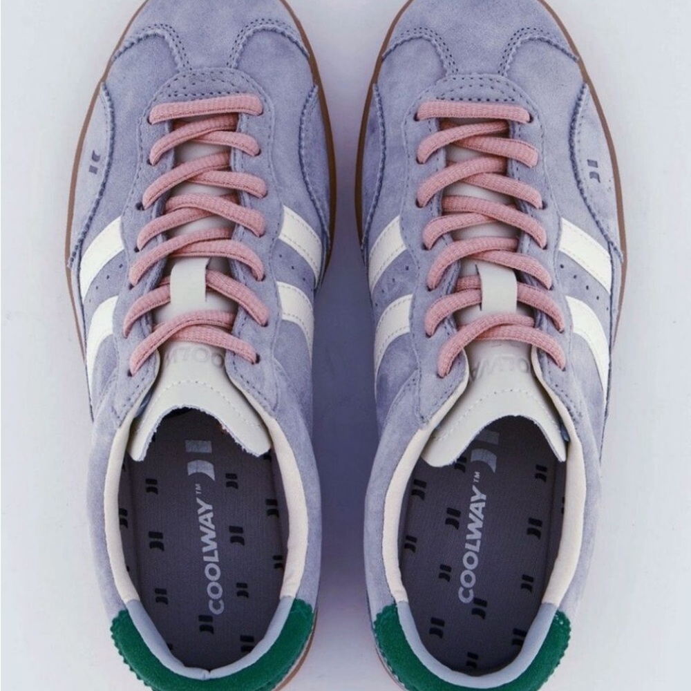 Coolway Lavender Suede Sneakers with Pink Laces and White Stripes